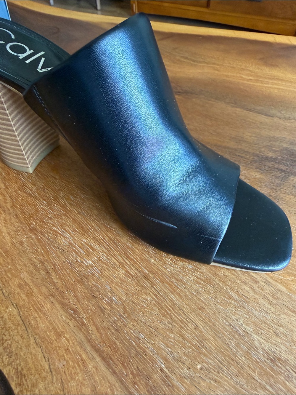 Calvin Klein Black Leather Open-Toe Block Heel Mules - Picture 3 of 14